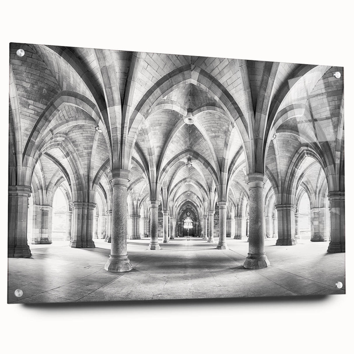Large abstract wall art of architectural arches in muted beige and white on acrylic glass.