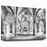 Large abstract wall art of architectural arches in muted beige and white on acrylic glass.
