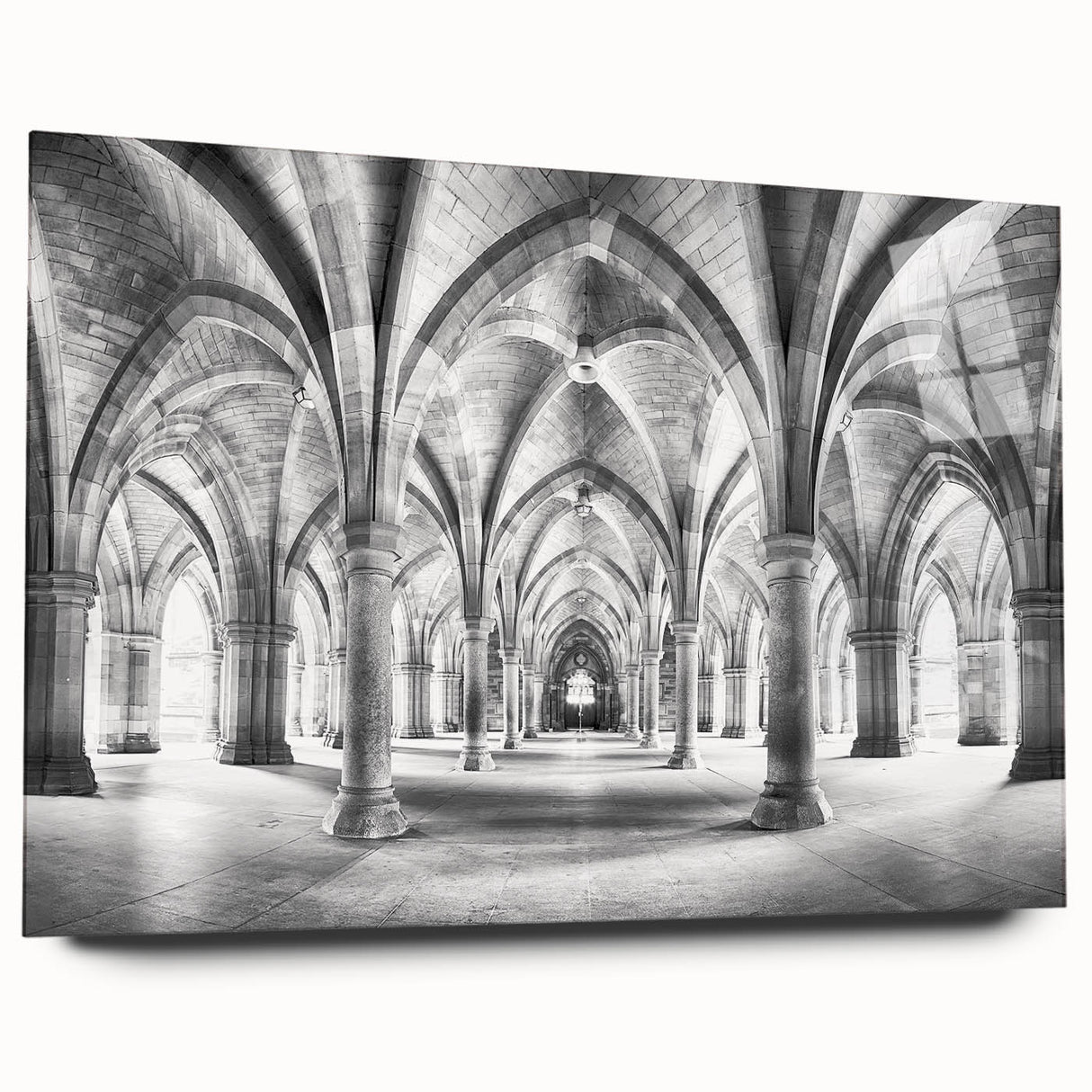 Large abstract wall art featuring a series of arches in subdued beige tones on acrylic glass.