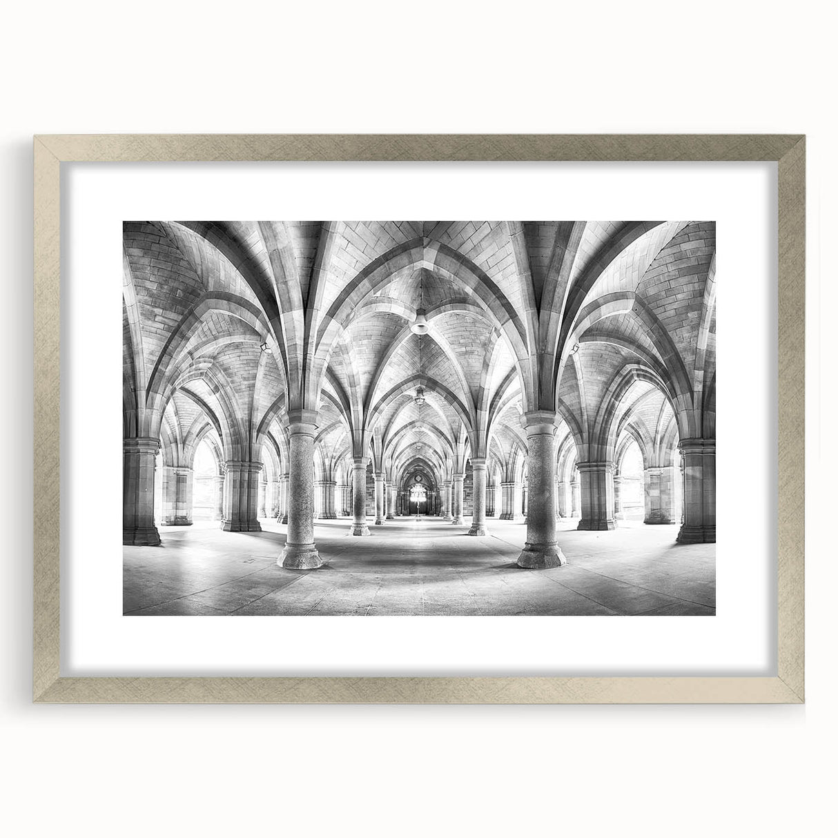 Textured abstract art print featuring curved architectural forms in gray, mounted in a silver frame.