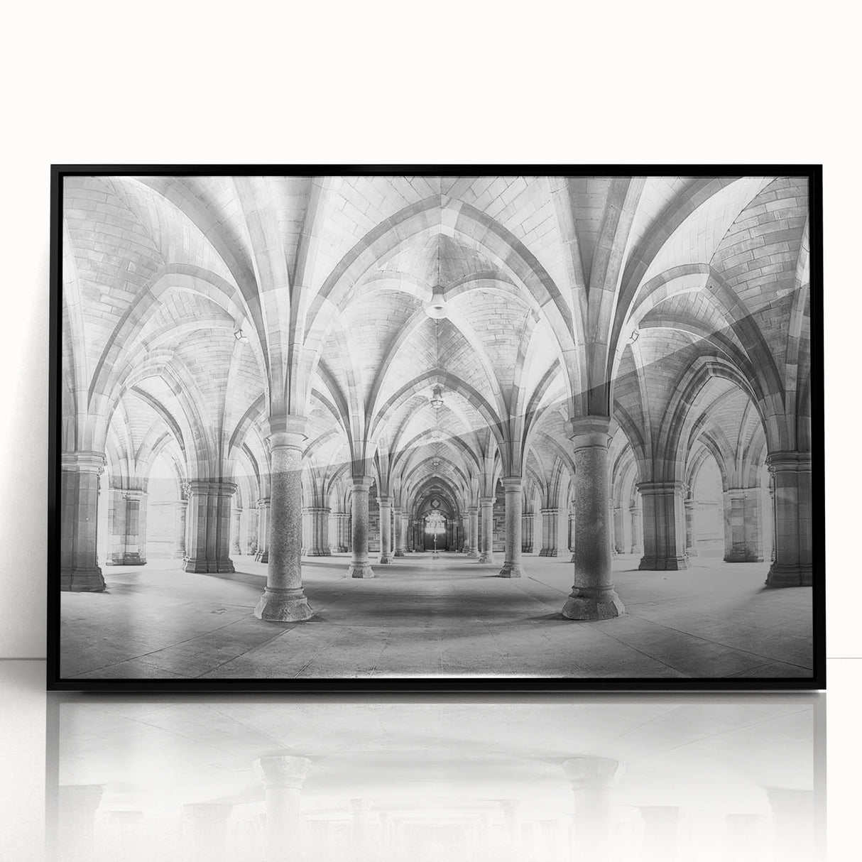 Large abstract wall art featuring black and white arches in a mid-century modernist style, framed in acrylic.
