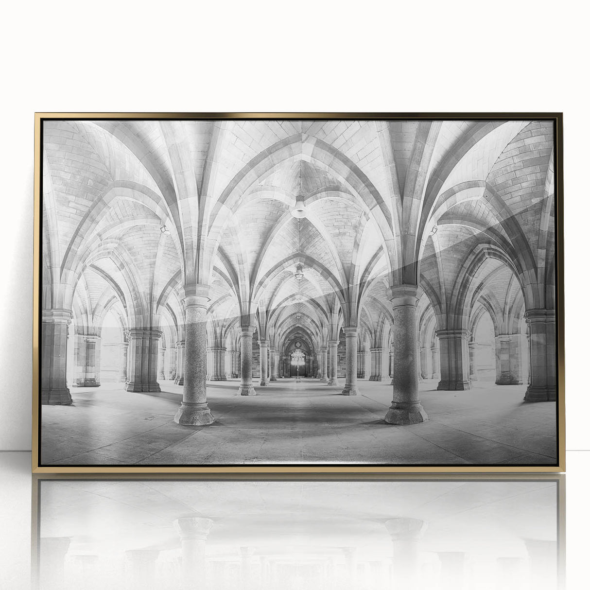 Mid-century modernist arch design in gold and black hues on a large acrylic print, suitable for modern art wall decor.