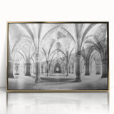Mid-century modernist arch design in gold and black hues on a large acrylic print, suitable for modern art wall decor.