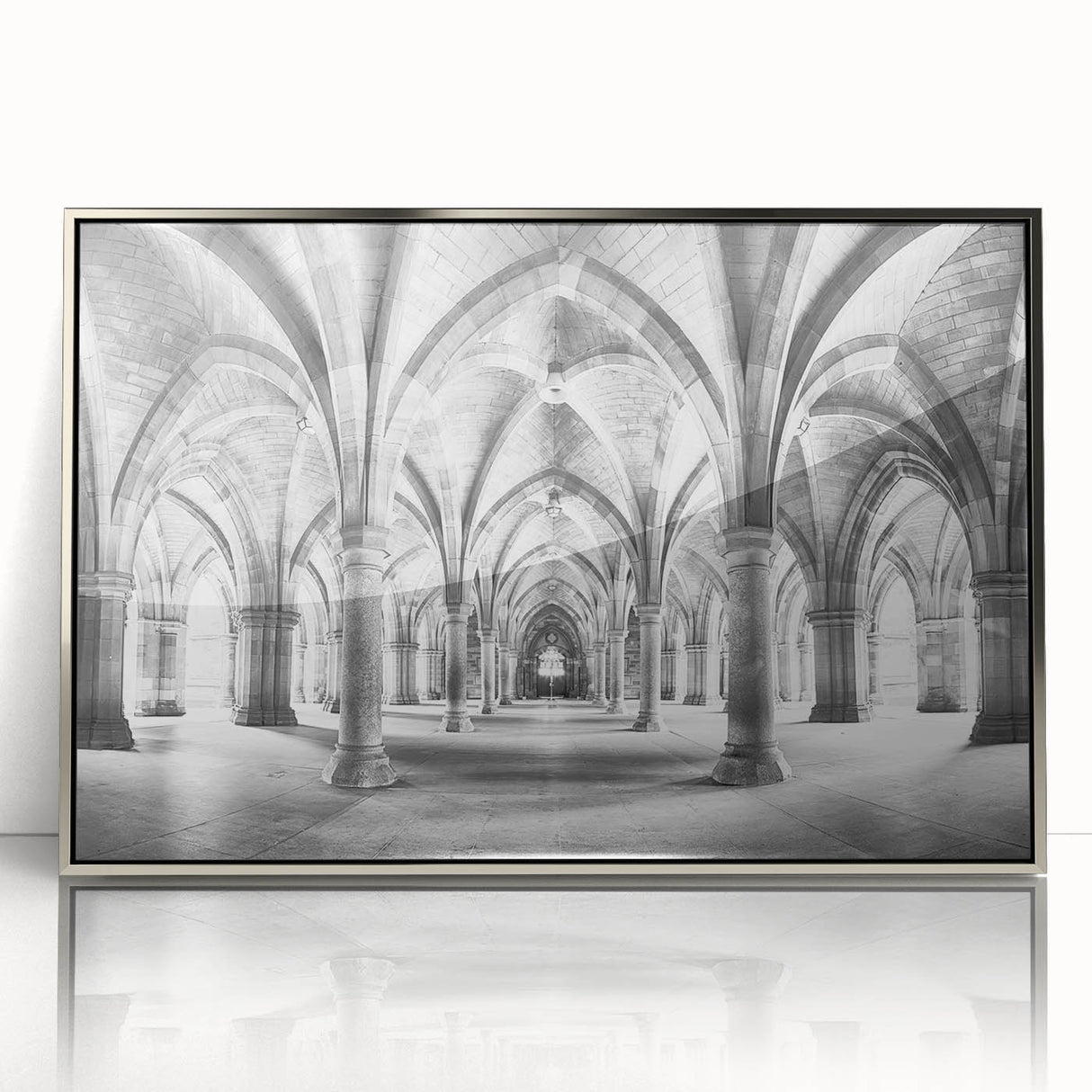 Mid-century modernist art depicting silver arches on a framed acrylic print, suited for modern art wall decor or a nursery.