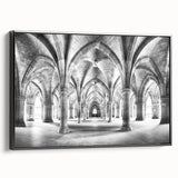 Black and white framed canvas featuring a vintage poster of architectural arches, ideal for bedroom wall decor.