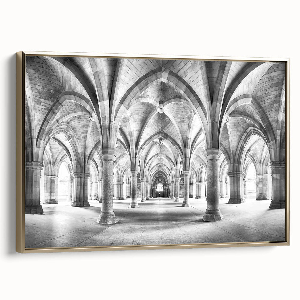 Framed canvas featuring a vintage poster art design of colorful landscape with black arches, ideal for living room decor.