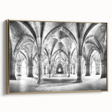 Framed canvas featuring a vintage poster art design of colorful landscape with black arches, ideal for living room decor.