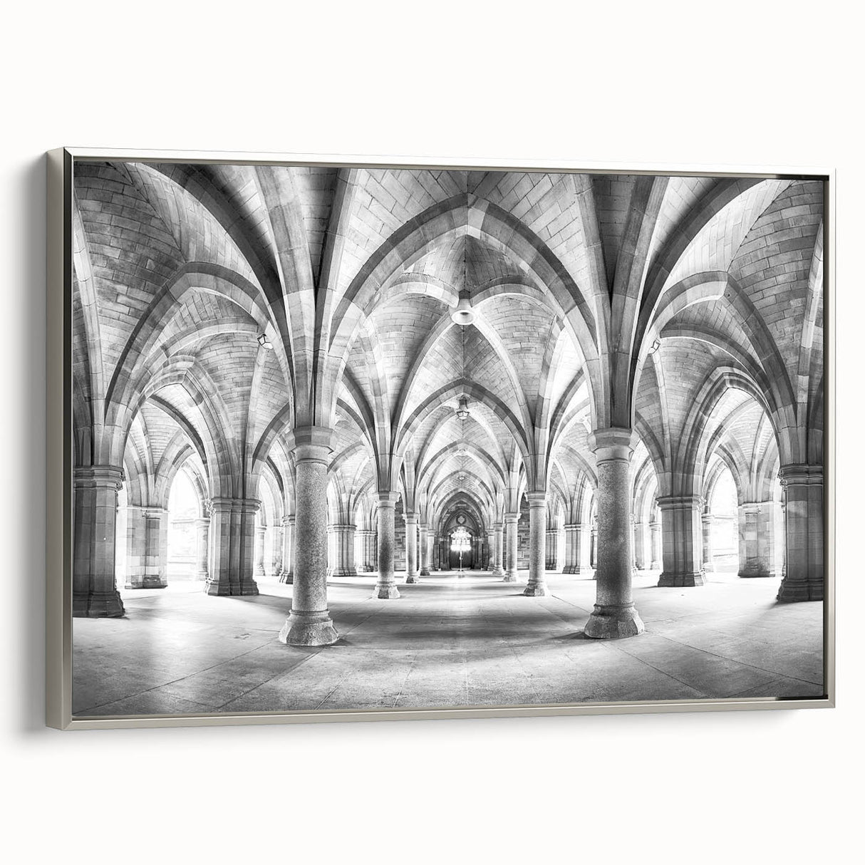 Vintage poster art of architectural arches in muted black and silver, framed canvas, ideal for living room decor.