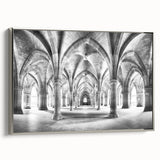 Vintage poster art of architectural arches in muted black and silver, framed canvas, ideal for living room decor.