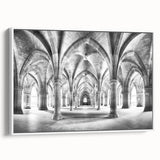 Black and white vintage poster art of architectural arches on a framed canvas, suitable for bedroom decor.