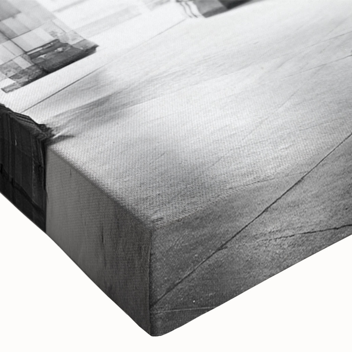 Large art of a black and white landscape painting on stretched canvas, featuring architectural arches.