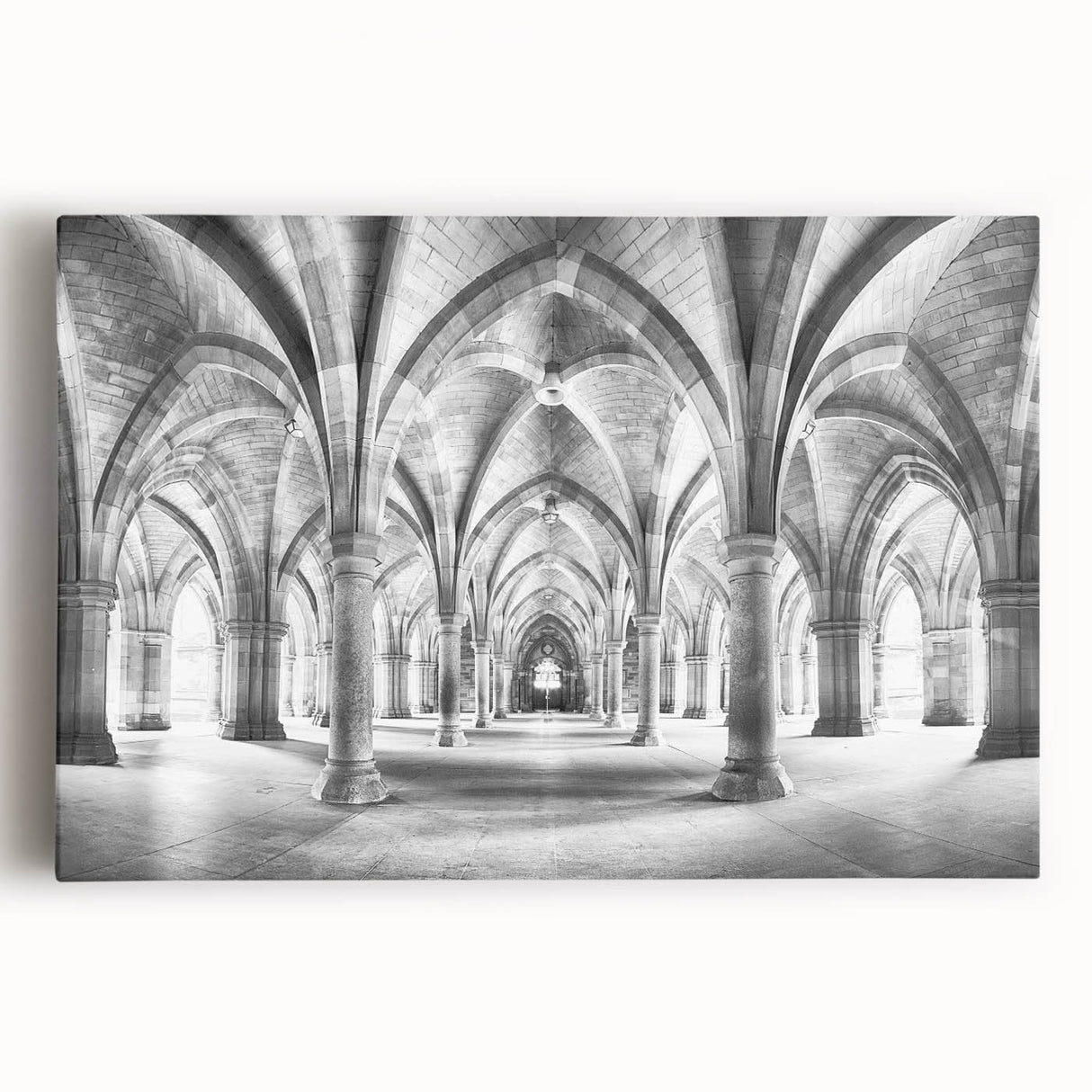 Black and white photograph of architectural arches printed on large stretched canvas, ideal for kitchen wall art.