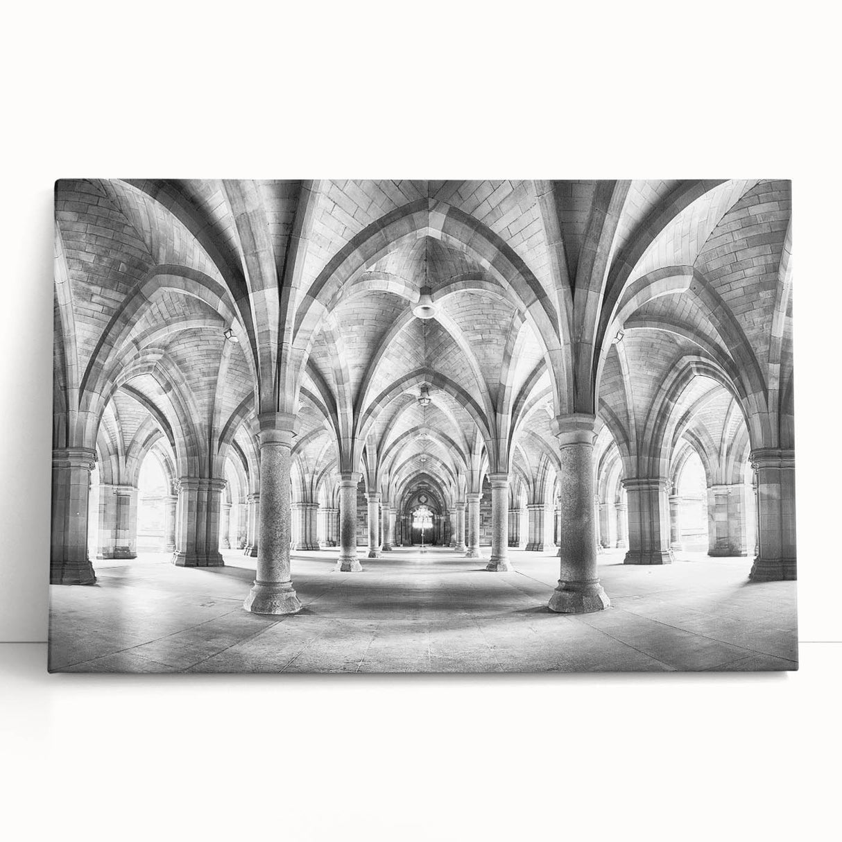 Black and white photo of architectural arches on stretched canvas, suited for kitchen or bedroom wall art.