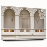 Large abstract wall art featuring overlapping arches in muted earth tones on acrylic glass.