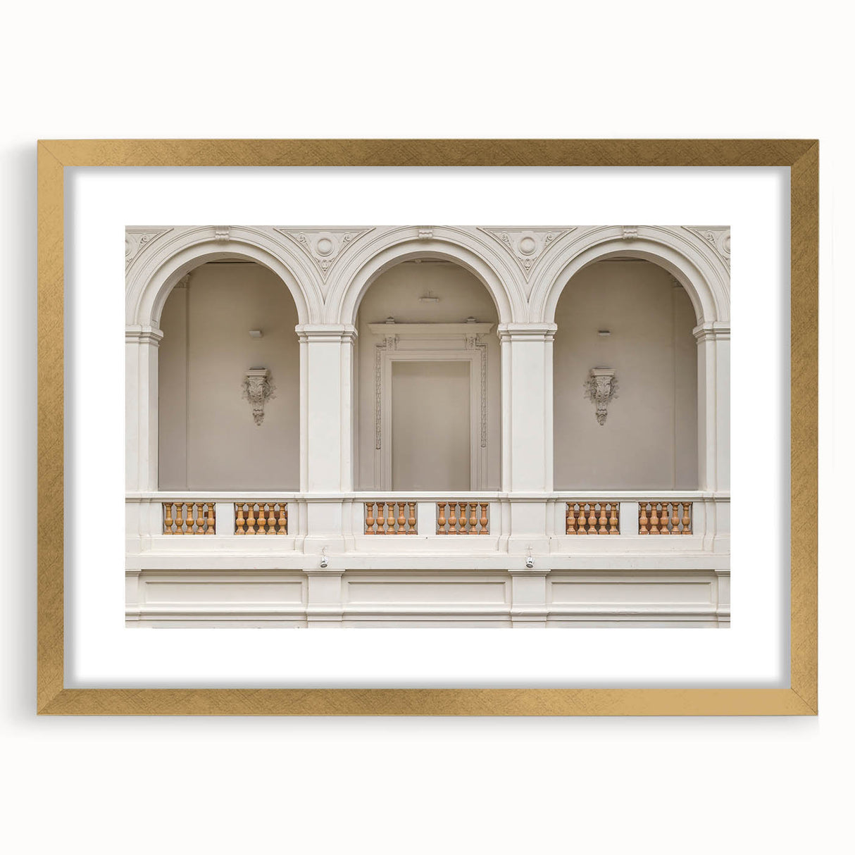 Abstract art print featuring geometric arches in gold and white tones, framed with a mat, ideal for dining room decor.