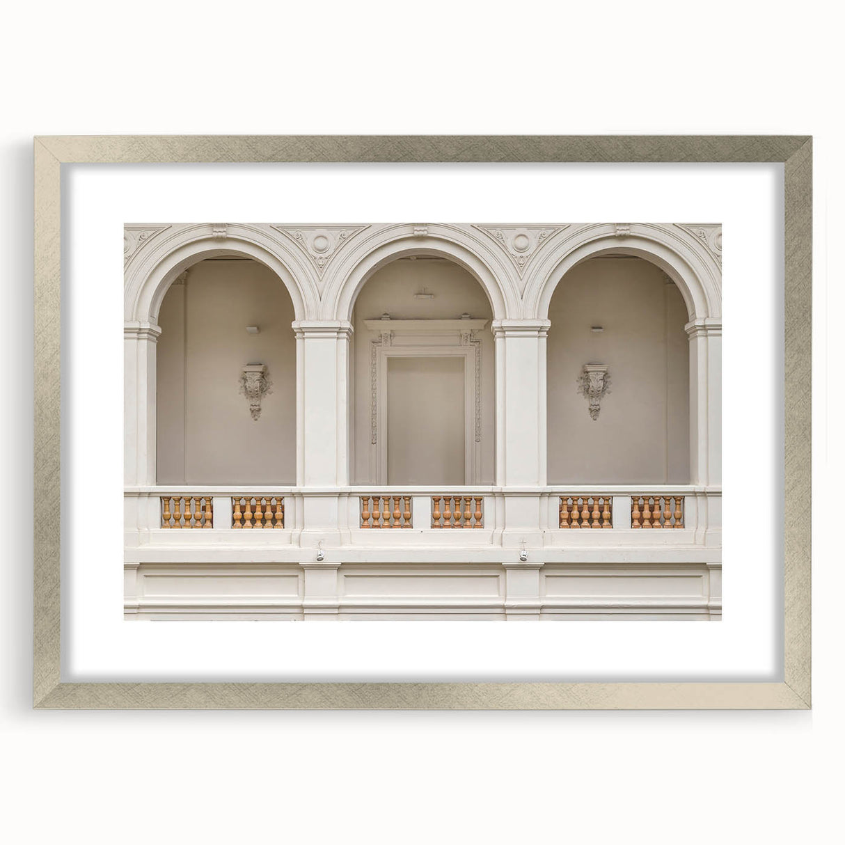 Textured abstract art print featuring curved architectural forms in neutral tones, framed in silver, ideal for bedroom decor.