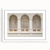 Extra large white-framed abstract art print with textured arch designs in neutral tones, ideal for living room decor.
