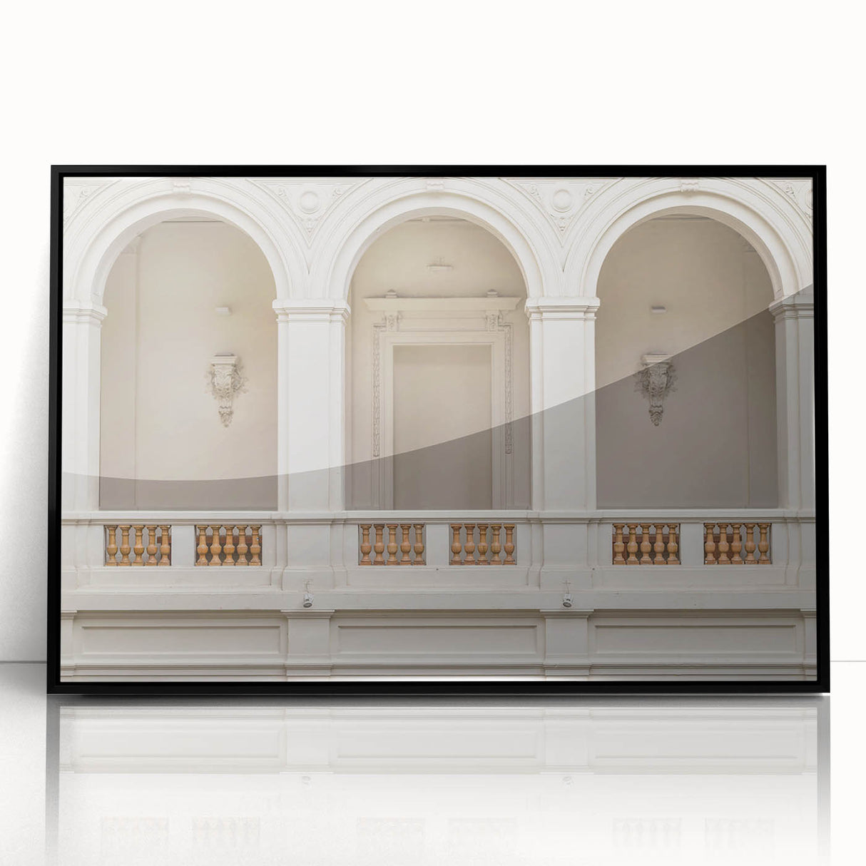 Large abstract wall art featuring black and white arches in a mid-century modernist style, framed in black acrylic.