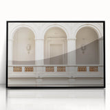 Large abstract wall art featuring black and white arches in a mid-century modernist style, framed in black acrylic.