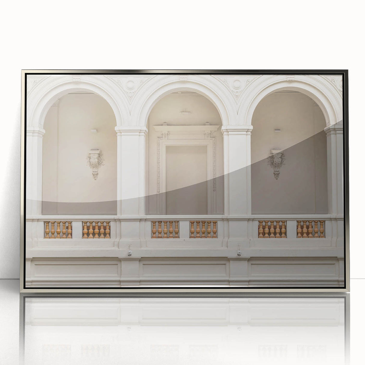Mid-century modernist arch design in muted grays and whites on a large framed acrylic print.