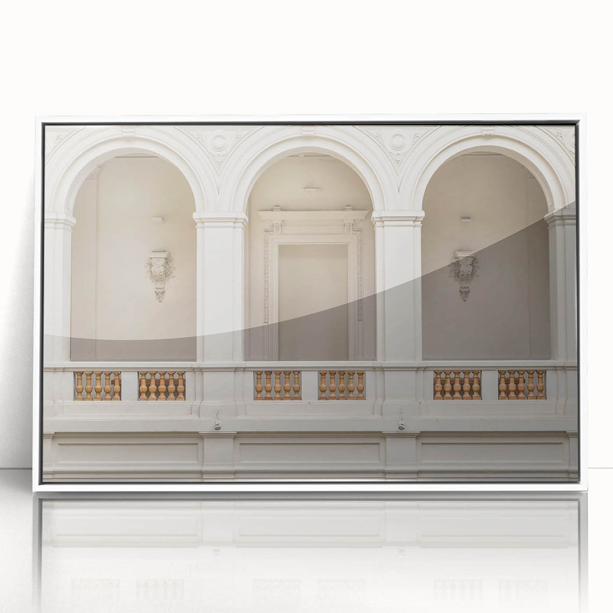 Mid-century modernist art featuring geometric arches in muted gray, acrylic print framed in white.