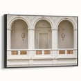 Black and white framed canvas featuring vintage poster art of architectural arches, ideal for bedroom wall decor.