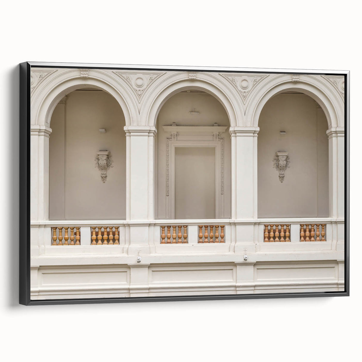 Black and white framed canvas featuring vintage poster art of architectural arches, ideal for bedroom wall decor.