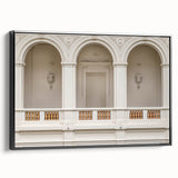 Black and white framed canvas featuring vintage poster art of architectural arches, ideal for bedroom wall decor.