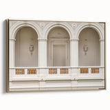 Framed canvas depicting a landscape with colorful arches in a vintage poster art style.