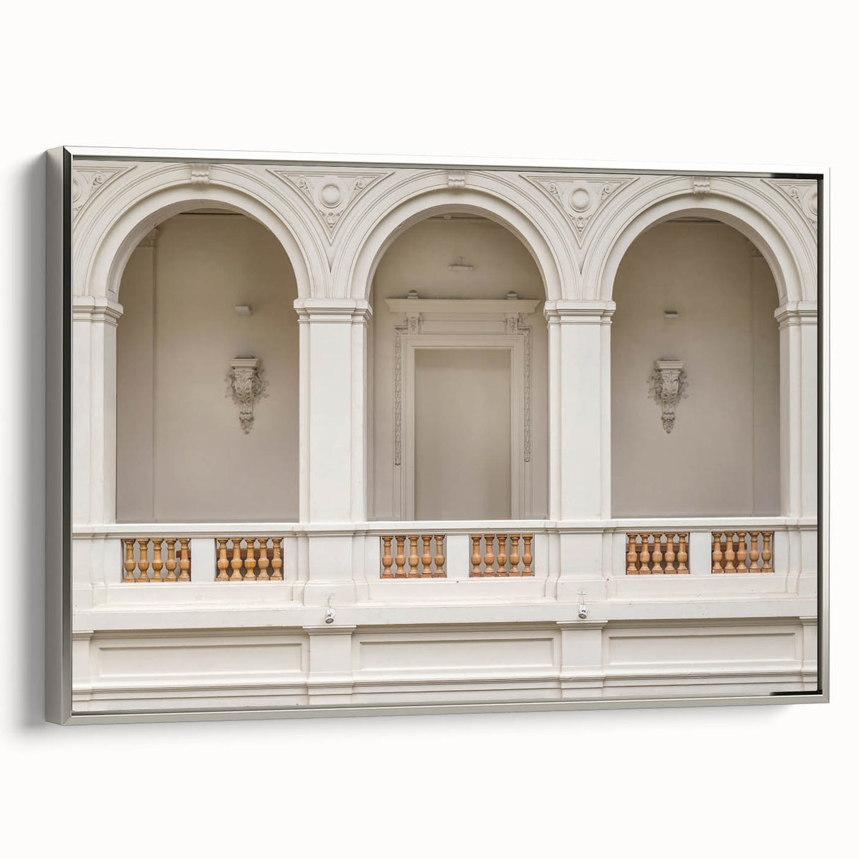 Silver-framed vintage poster art of colorful arches in extra large format, suitable for living room decor.