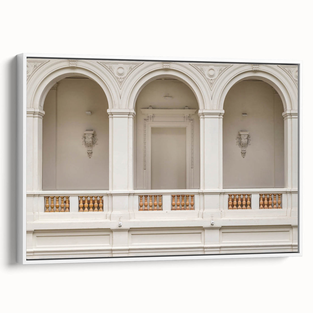 Vintage poster art of architectural arches in black and white on a framed canvas, ideal for bedroom wall decor.