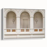 Vintage poster art of architectural arches in black and white on a framed canvas, ideal for bedroom wall decor.