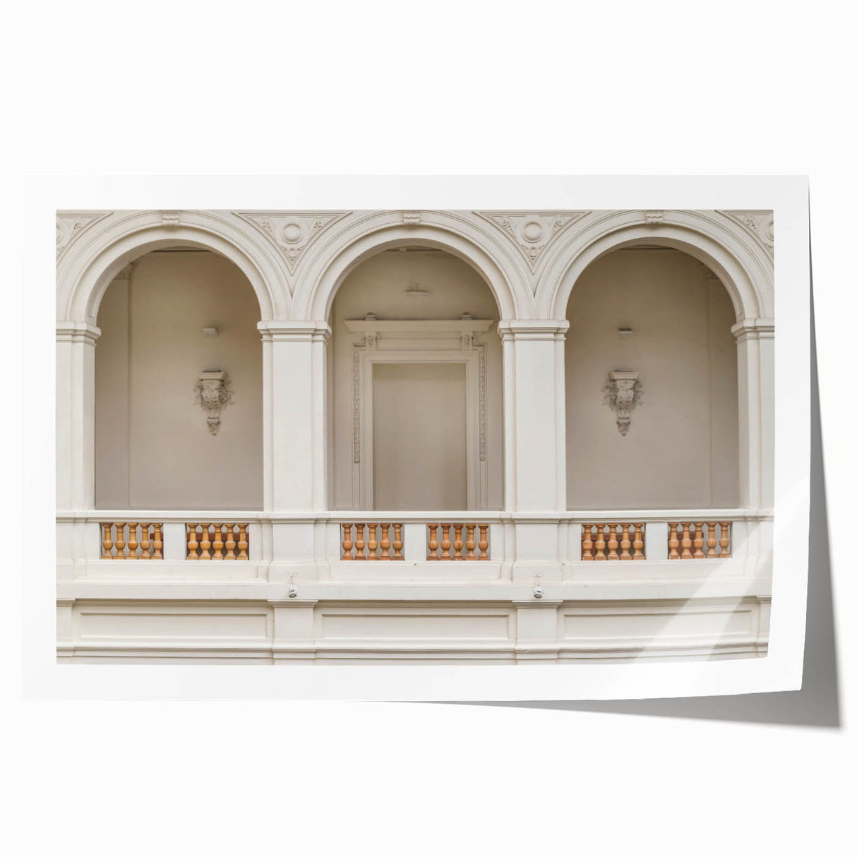 Extra large rolled print featuring a series of arches in muted earth tones.