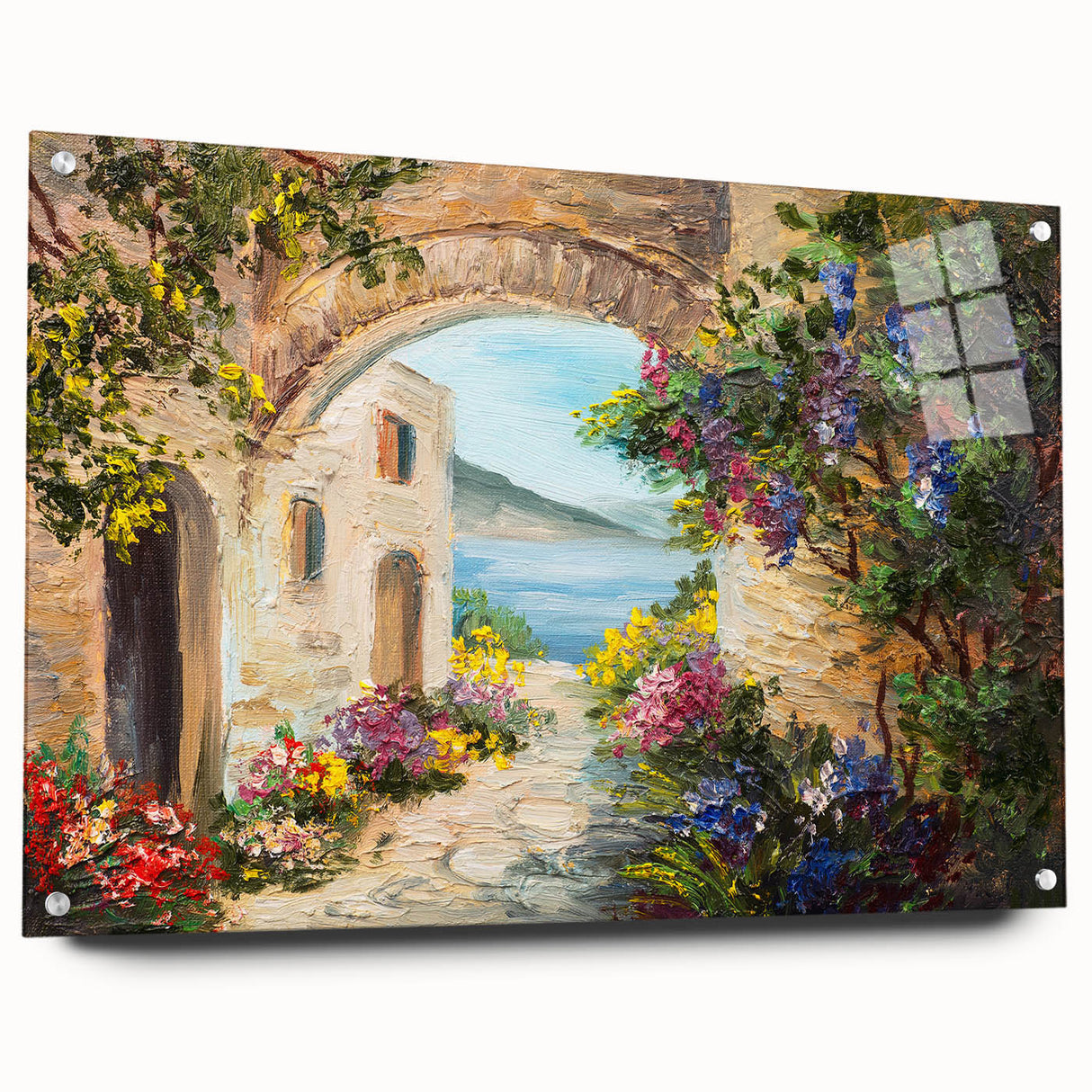 Large abstract wall art depicting architectural arches in muted gray tones on acrylic glass.