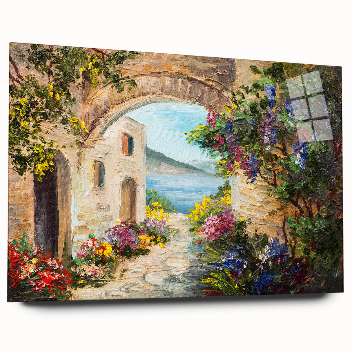 Large abstract wall art with arch designs in muted gray, printed on acrylic glass, suitable for bedroom or dining room.