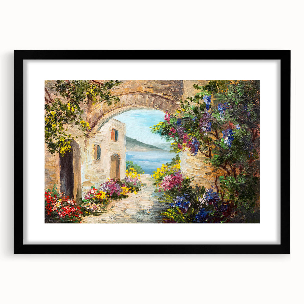 Extra large abstract art print featuring colorful, textured arches on a black framed canvas, ideal for living room decor.