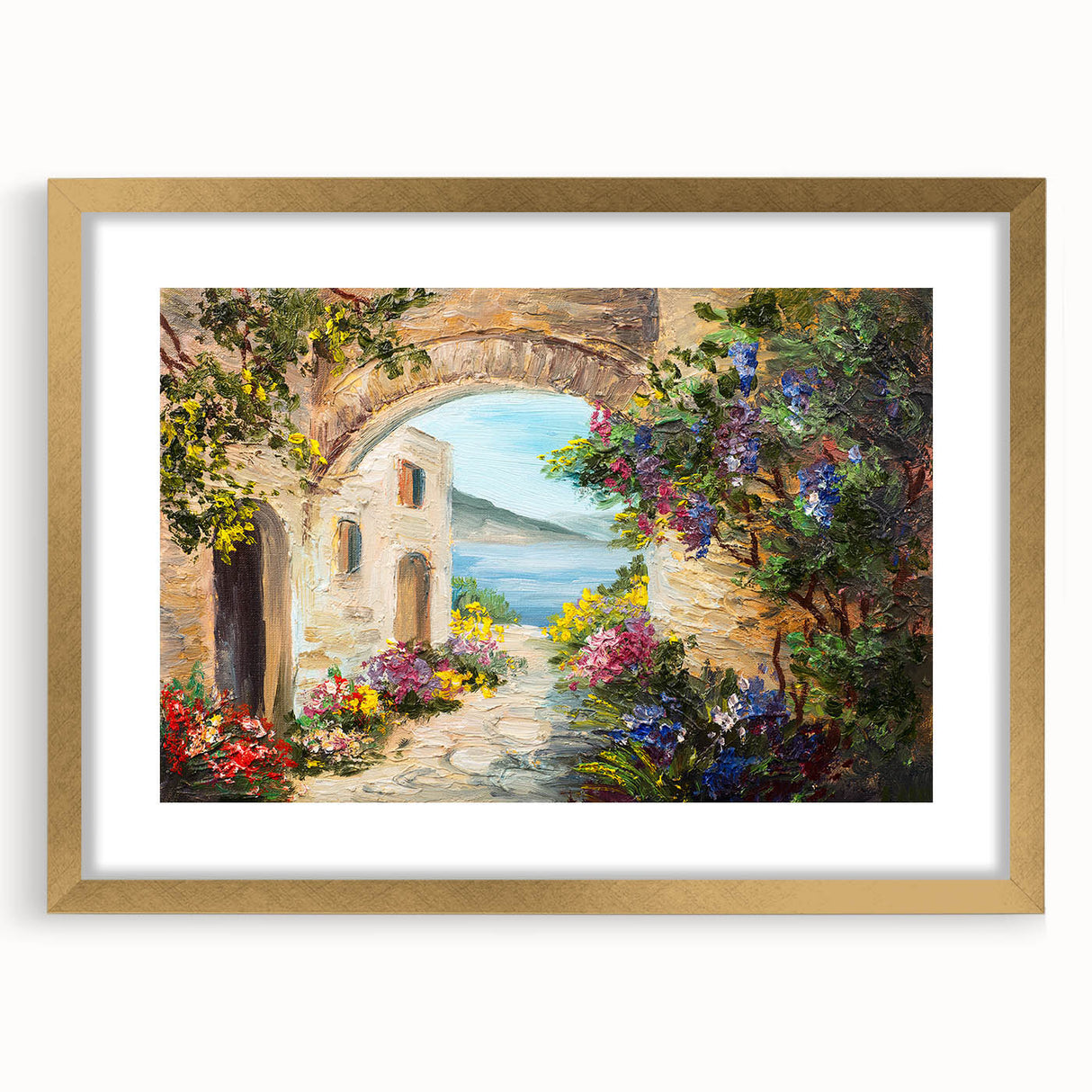 Abstract art print featuring geometric arches in muted gold and beige tones on framed canvas.