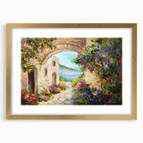 Abstract art print featuring geometric arches in muted gold and beige tones on framed canvas.