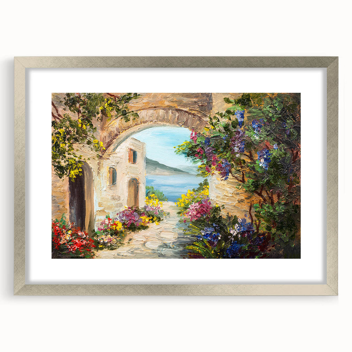 Textured abstract art print featuring curved arches in muted gray tones on a framed silver mat, suitable for bedroom decor.