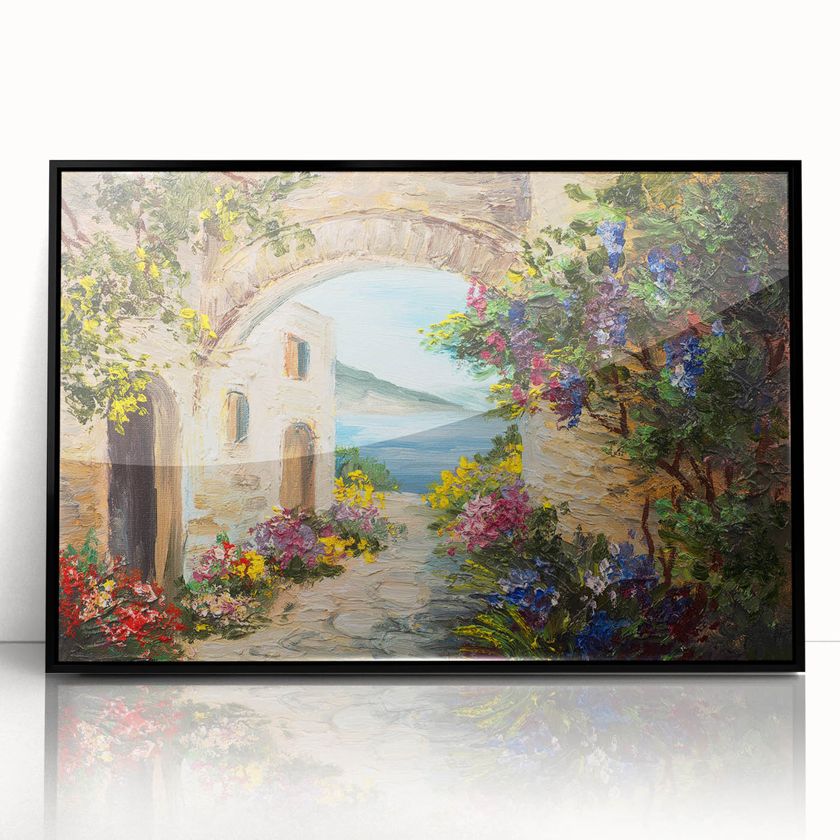 Large abstract wall art featuring arches in muted gray and black tones, acrylic print in black frame.