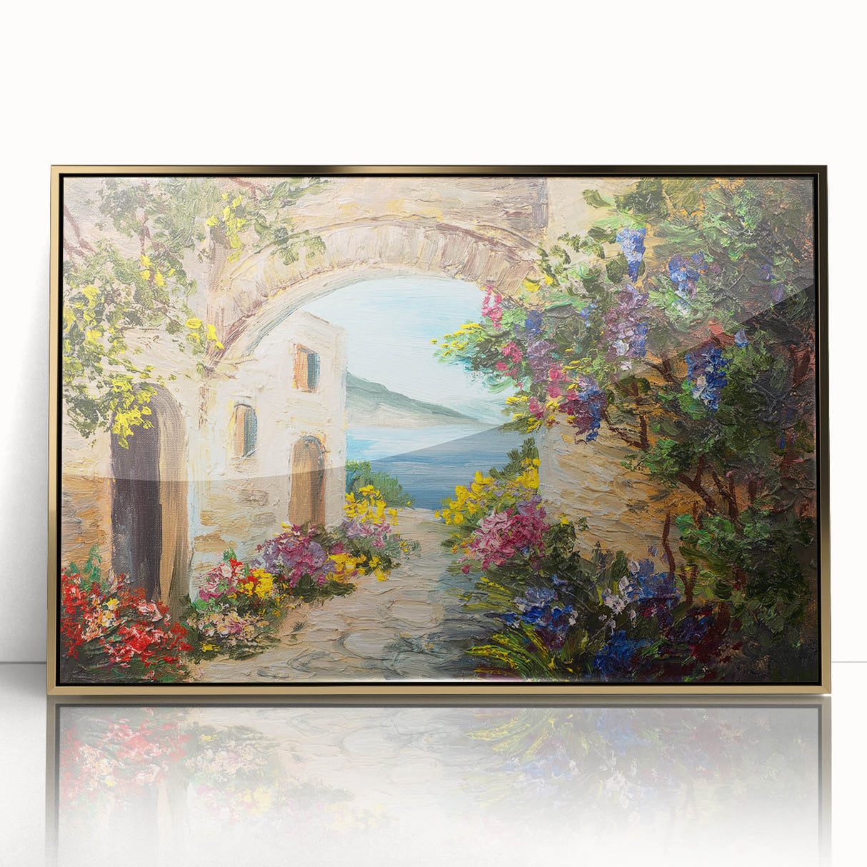 Large art print of mid-century modernist arches in muted gold tones, framed acrylic, ideal for modern art wall decor.