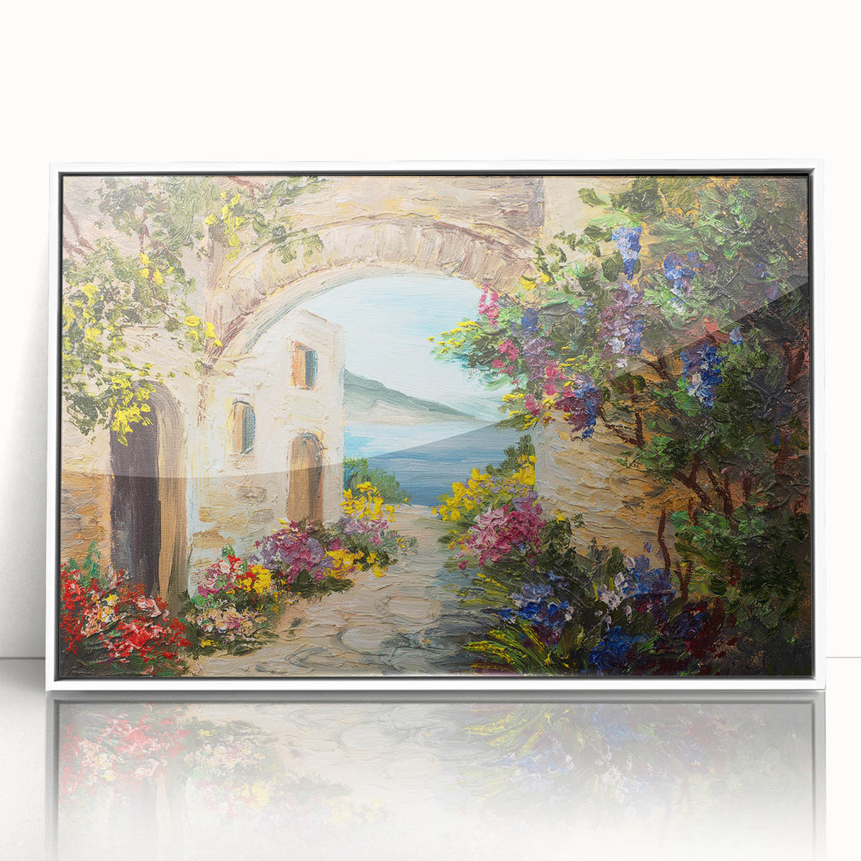 Art deco poster featuring geometric arches in muted gray and white tones on acrylic, ideal for modern nursery wall decor.