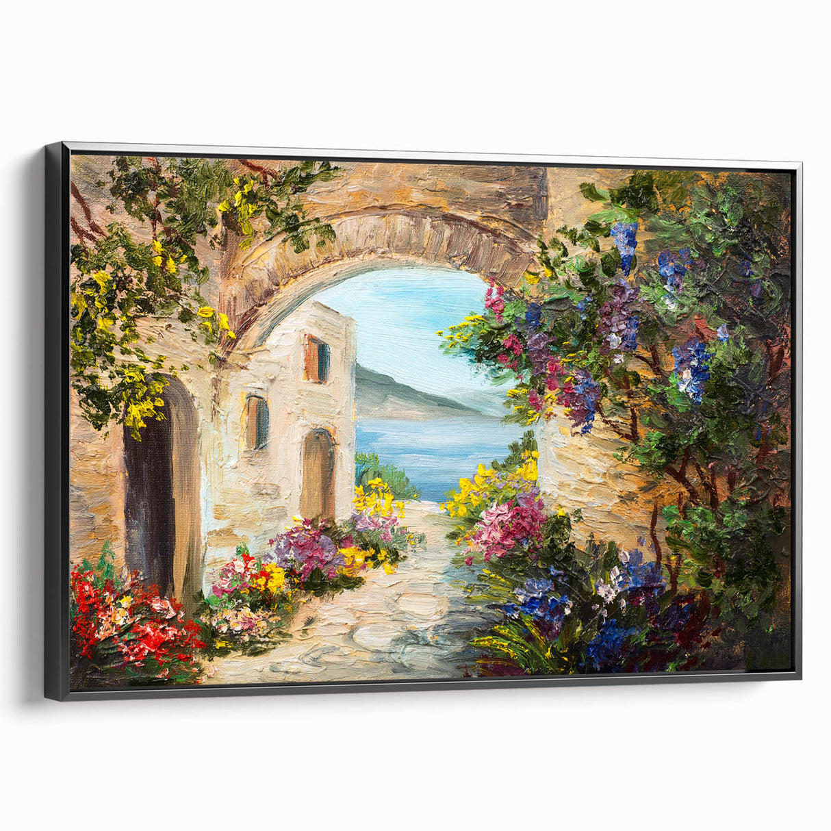 Black and white framed canvas of vintage arches in landscape format, ideal for bedroom wall art.