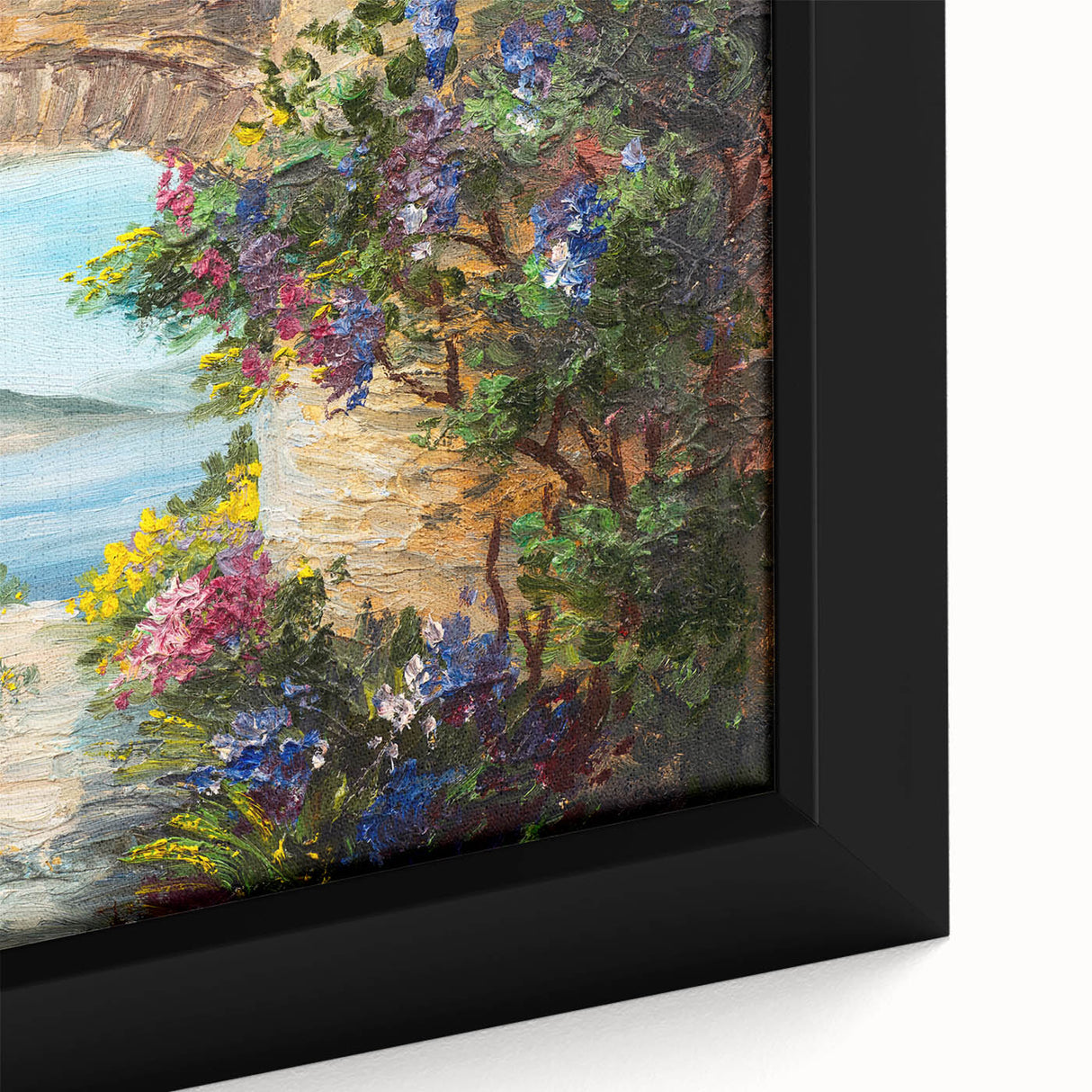 Extra large framed canvas featuring a close-up of textured, colorful arches in a black background.