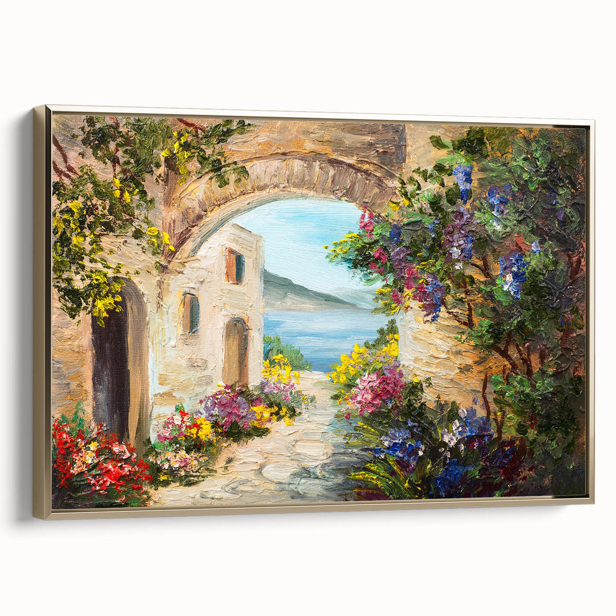 Framed canvas featuring a vintage poster art of colorful landscape with black architectural arches, ideal for office decor.