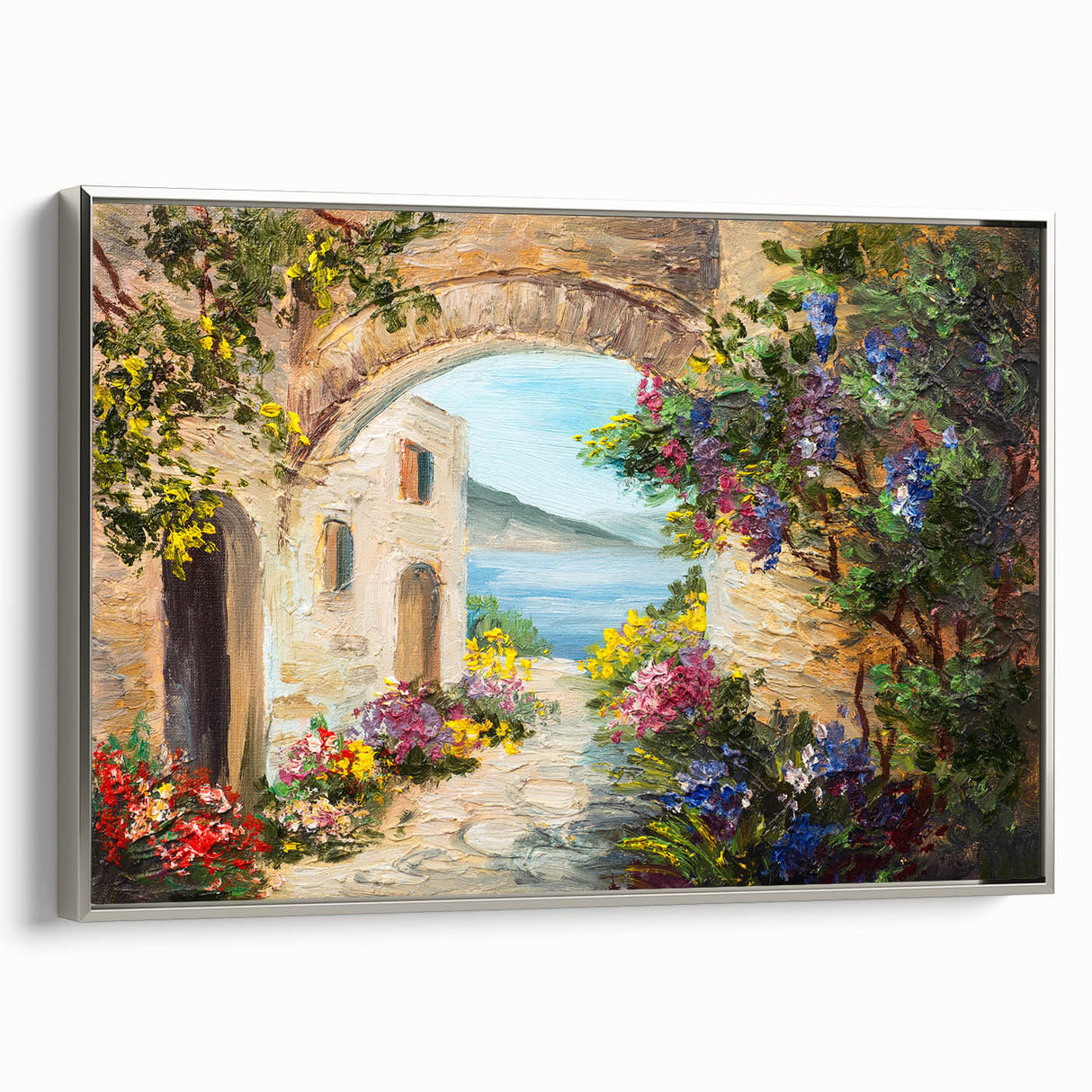 Vintage poster art depicting arches in black with colorful accents on a framed canvas, ideal for living room decor.