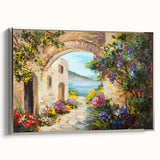 Vintage poster art depicting arches in black with colorful accents on a framed canvas, ideal for living room decor.