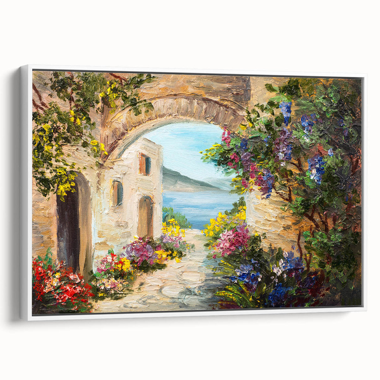 Framed canvas featuring a vintage poster art of black architectural arches in a landscape format.