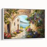 Framed canvas featuring a vintage poster art of black architectural arches in a landscape format.