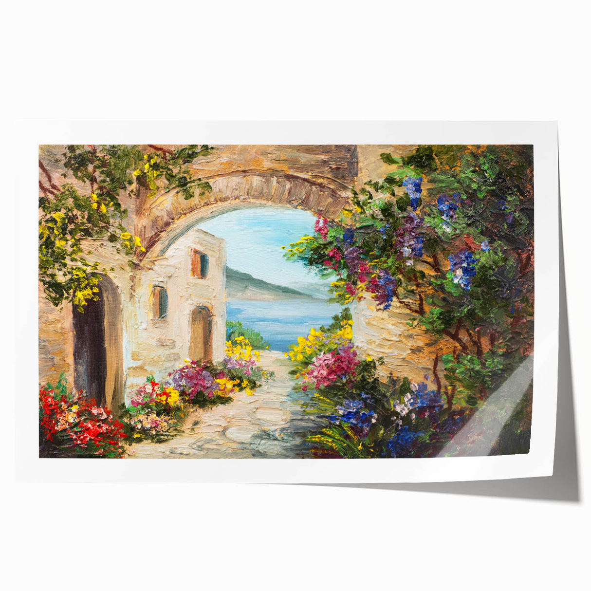 Rolled print of a large floral arch design in muted earth tones, suitable as art wall for dining rooms.